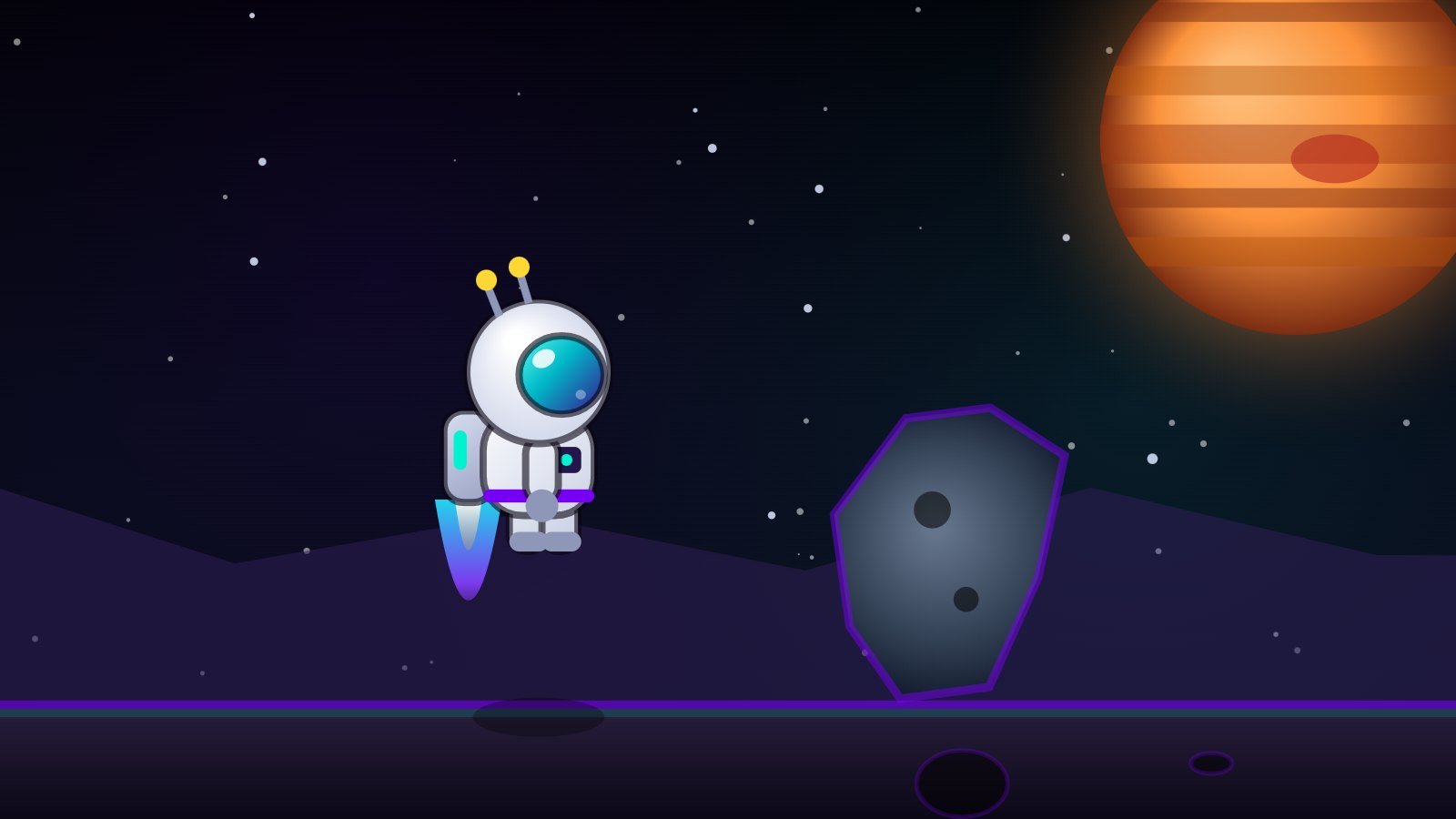 Astronaut with a lit jetpack jumping toward a rock, with Jupiter behind