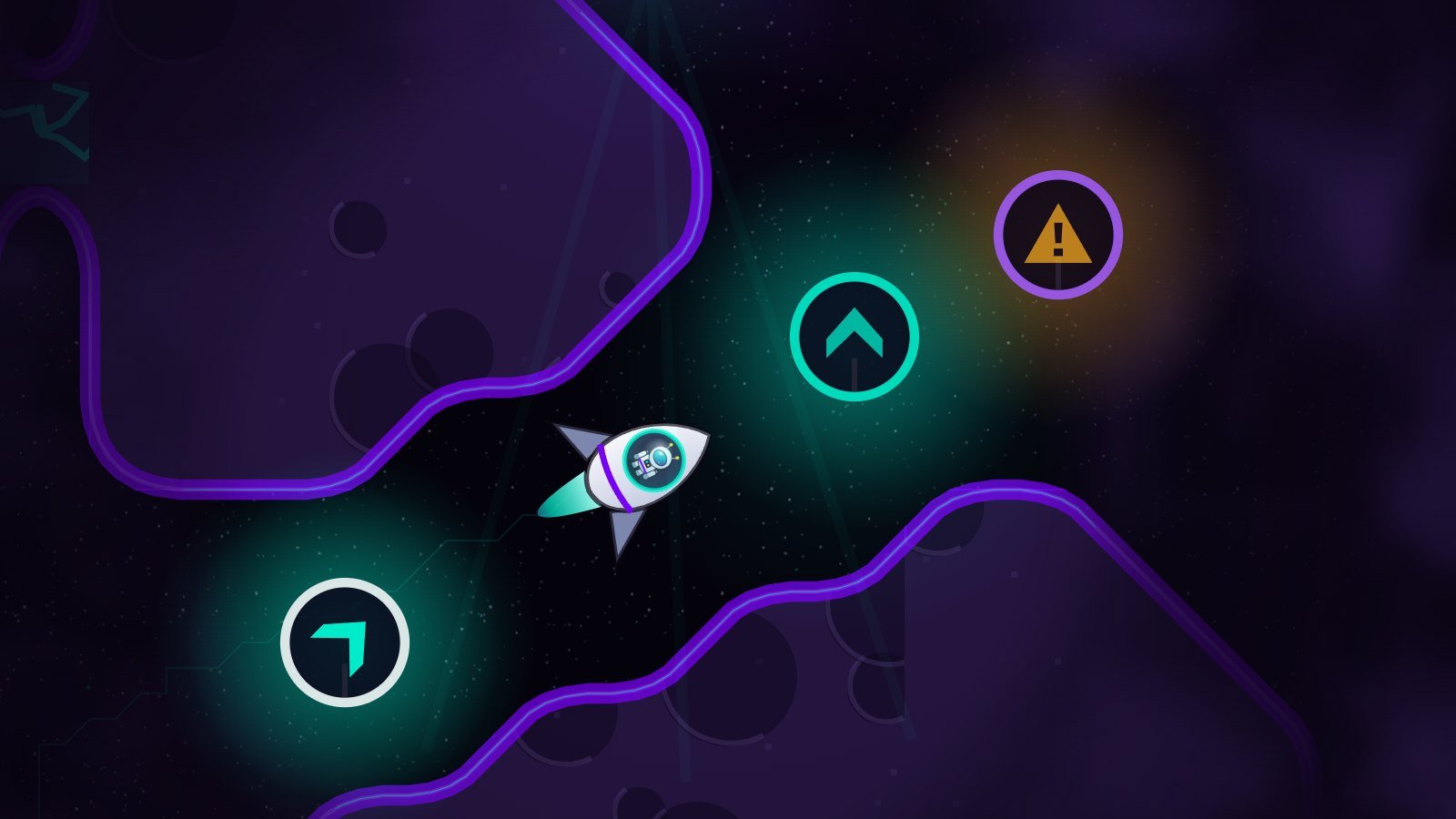 Ship flying through a pass between asteroids in the fog, with an arrow beacon it just left and another one ahead
