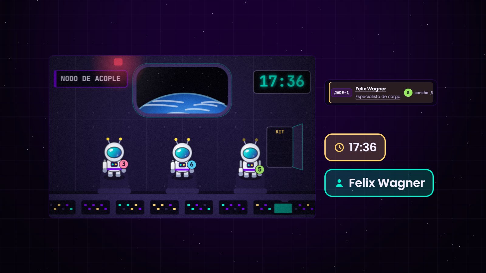 Fotograma de una cabina con tres astronautas, un reloj de pared y el armario del kit; al lado, una ficha de tripulación resaltada y dos fichas del informe: una hora y un nombre