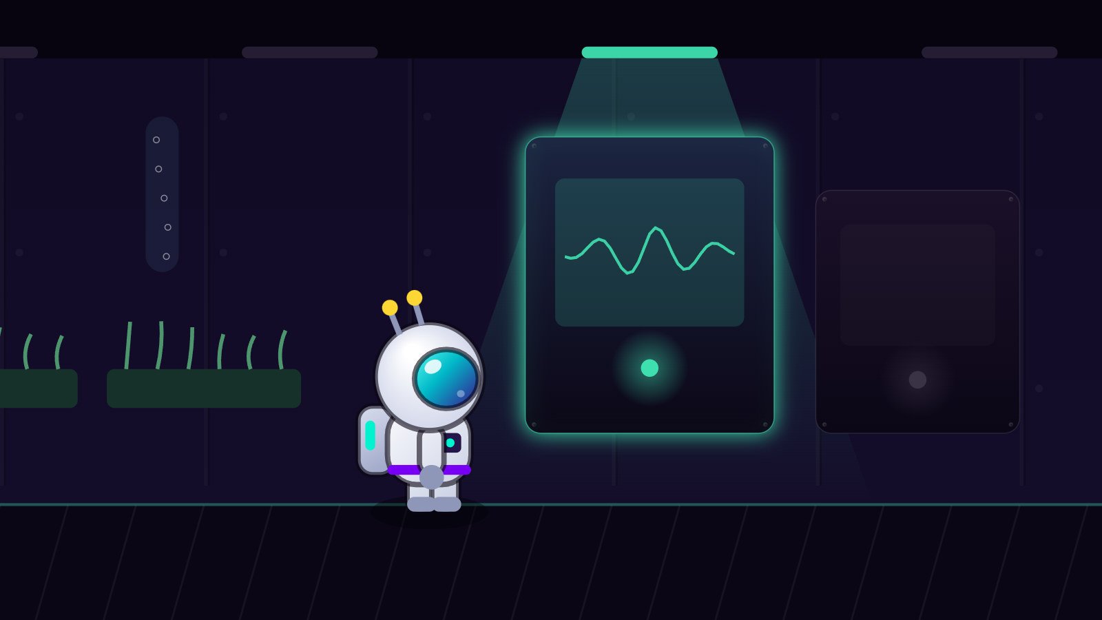 Astronaut facing a lit console in an empty station