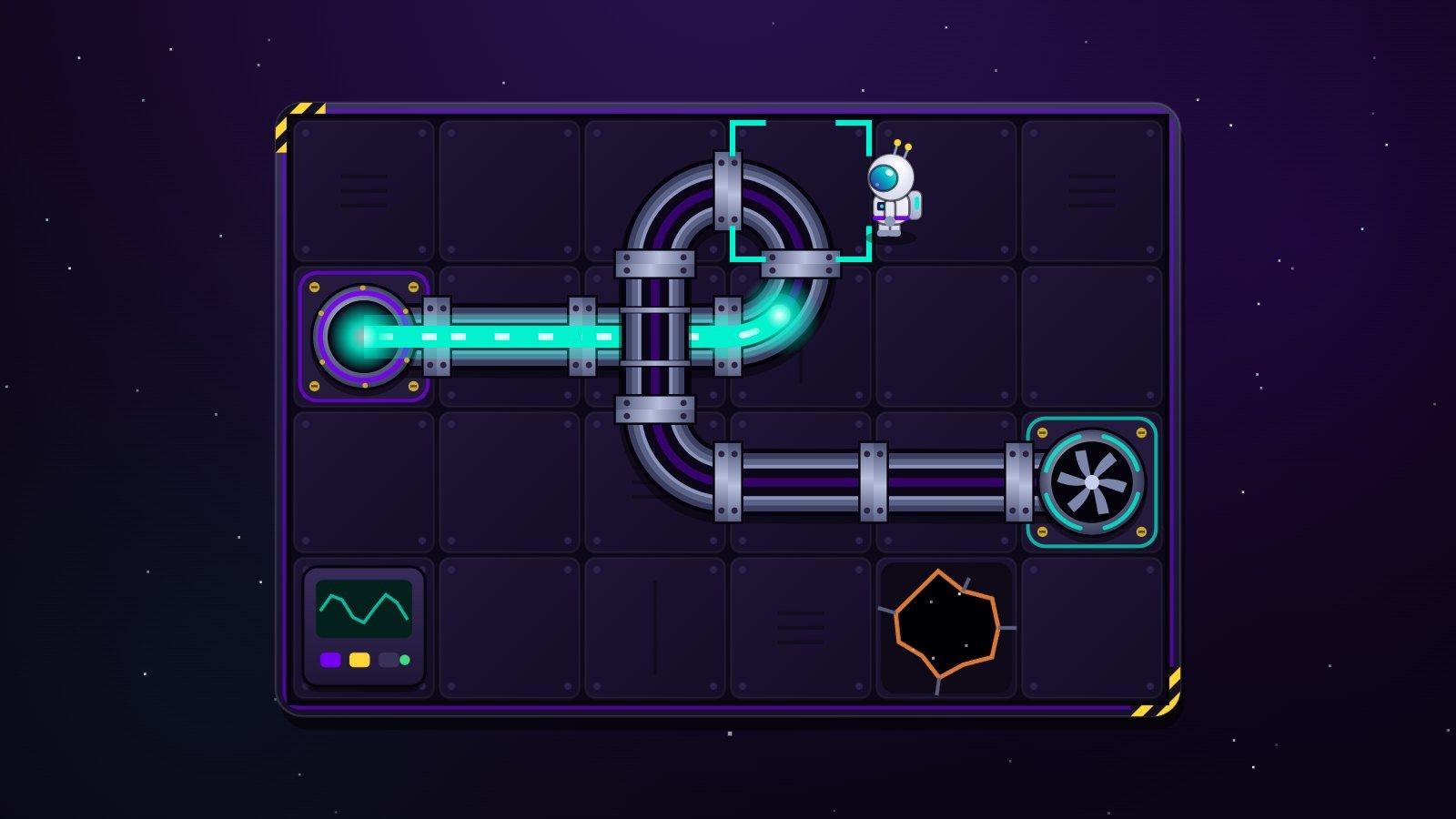 Cyan plasma pipe flowing from the reactor toward a newly placed bend, with the rest of the circuit still empty up to the engine