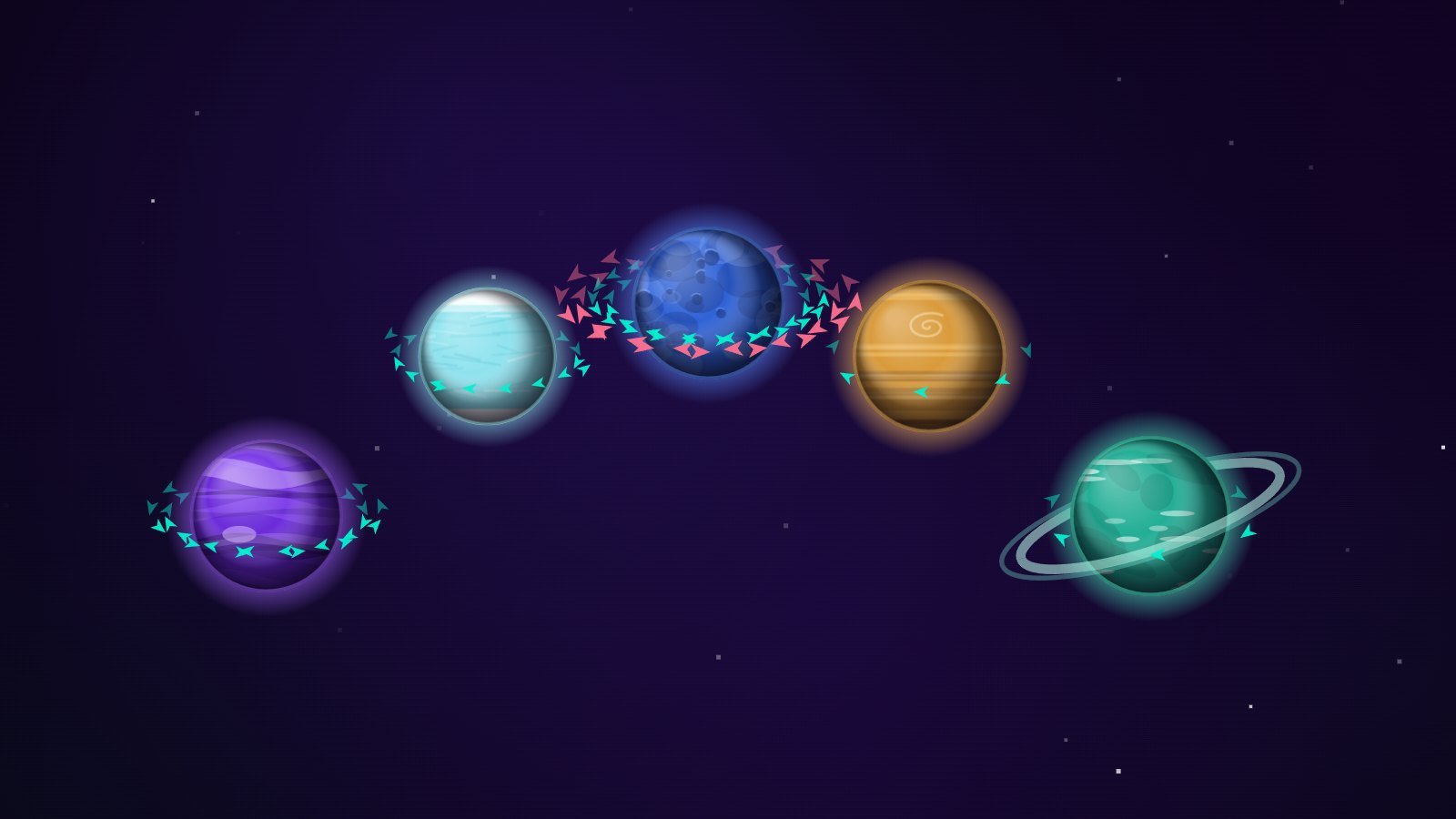 Five planets in an arc with unevenly split groups of cyan ships; at the central one, the cyan fleet meets a coral rival fleet