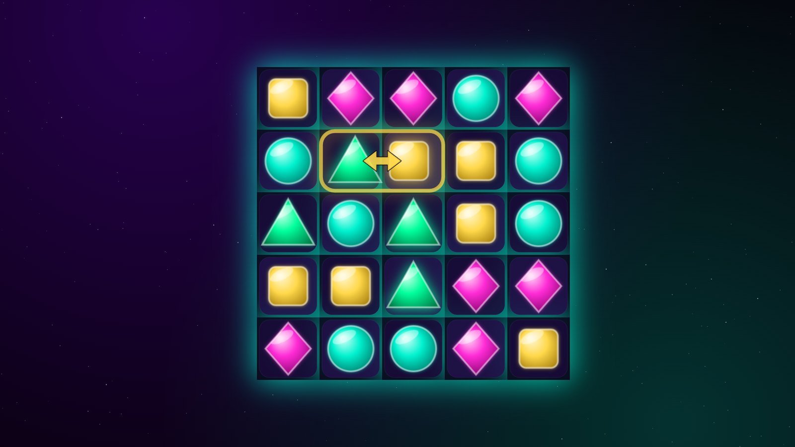 Close-up of a gem board: a green triangle about to be swapped to complete a match of three