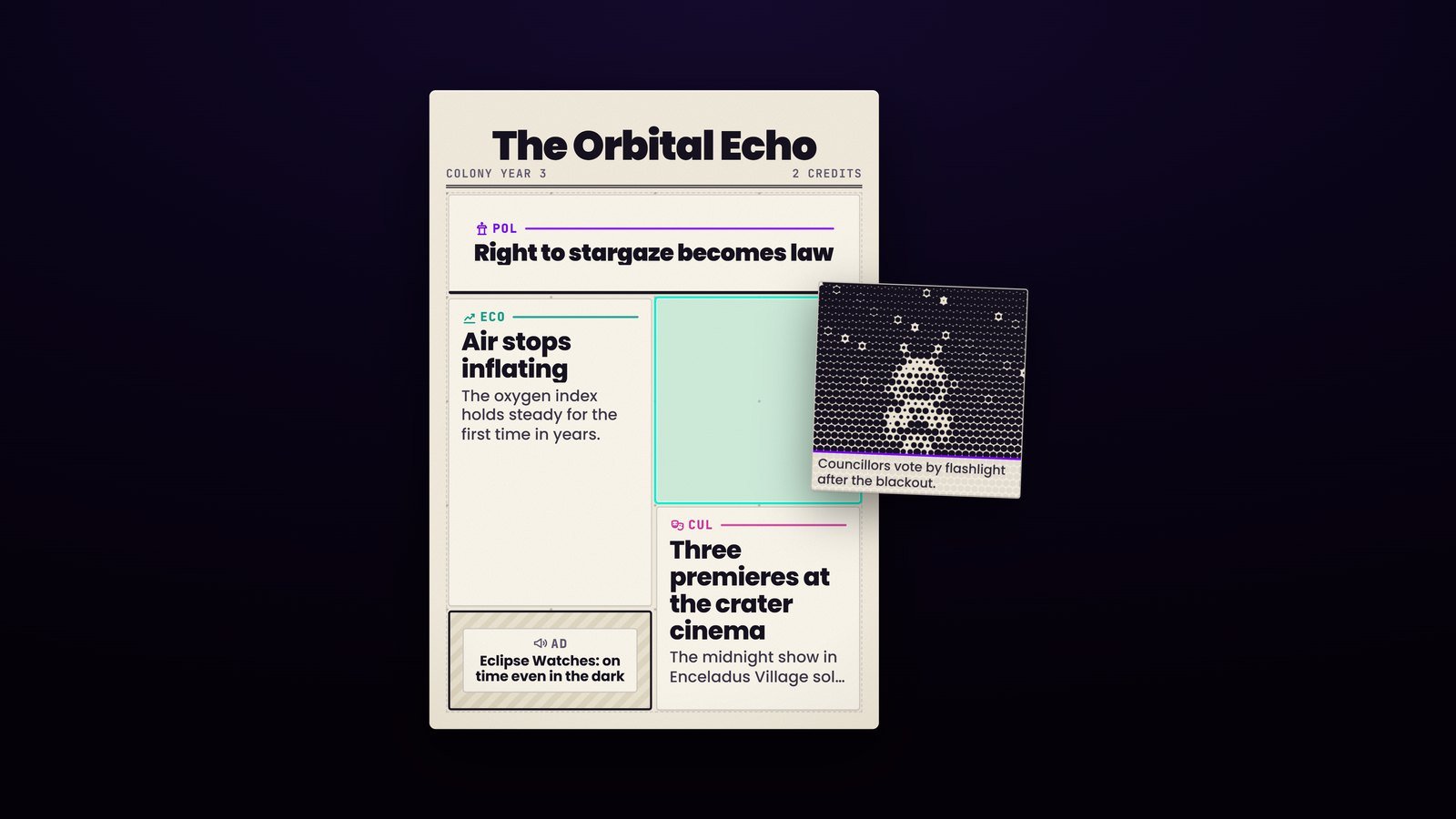 The Orbital Echo's front page being laid out: a photo is about to drop into its gap