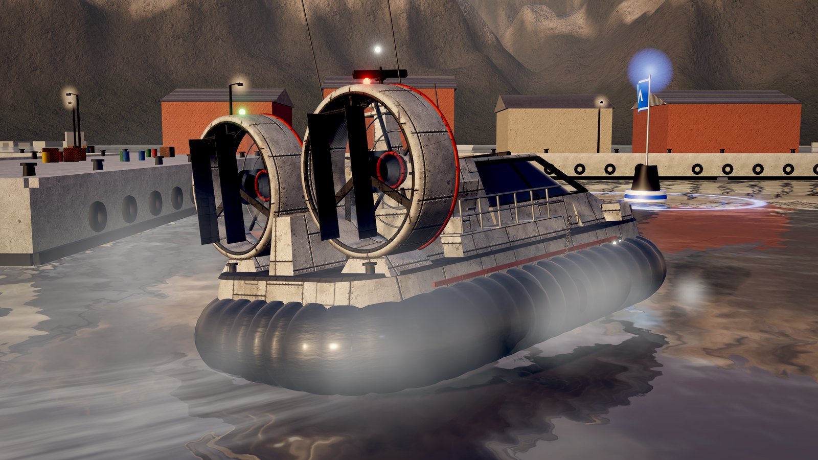 Hovercraft in a fjord harbour turning towards a blue capture flag