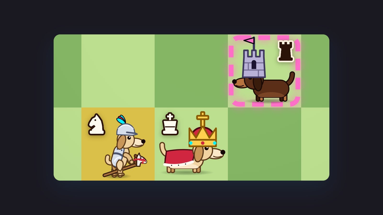 Green chessboard with costumed dachshunds: a helmeted knight can jump to capture a rival rook, next to its crowned king