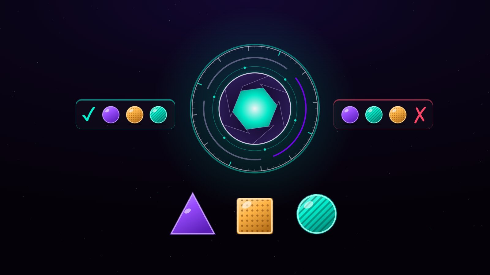 A circular probe with its cyan core lit accepts a three-piece sample, flanked by one accepted and one rejected sample